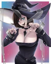  arms_up artist_name black_choker black_dress black_hat blue_eyes border breasts brown_hair choker cleavage collarbone darkpulsegg dress english_commentary female girls&#039;_frontline grin happy_halloween hat highres intruder_(girls&#039;_frontline) intruder_(sorceress_of_the_end)_(girls&#039;_frontline) large_breasts long_sleeves looking_at_viewer medium_hair nail_polish official_alternate_costume open_mouth parted_lips red_lips red_nails sangvis_ferri simple_background smile solo upper_body white_border witch witch_hat 