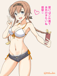  beige_background bikini black_headband black_shorts braid breasts cellphone cleavage clothes_writing commentary_request cowboy_shot denim denim_shorts female grey_eyes hachimaki hair_ornament headband highres kantai_collection kutsugen_kanna_(mikouken) light_brown_hair long_hair looking_at_viewer medium_breasts official_alternate_costume one-hour_drawing_challenge open_mouth phone propeller_hair_ornament short_shorts shorts side-tie_bikini_bottom smartphone smile solo swimsuit teruzuki_(kancolle) teruzuki_(swimsuit_mode)_(kancolle) translated twin_braids twitter_username v white_bikini 