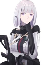  ahrara black_gloves breasts clip_studio_paint_(medium) female girls&#039;_frontline gloves gun head_rest highres light_machine_gun looking_at_viewer military military_uniform purple_eyes rifle rpk-16 rpk-16_(girls&#039;_frontline) short_hair smile solo uniform weapon white_background white_hair 