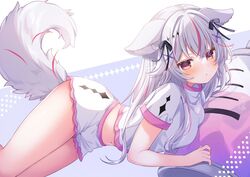  animal_ears black_bow bow commission dog_ears dog_girl dog_tail double-parted_bangs female grey_hair guild_cq hair_ornament hairbow highres kisukekun kurenagi_eri long_hair loose_clothes loose_shirt midriff multicolored_hair pillow red_eyes red_hair shirt shorts skeb_commission solo streaked_hair tail tail_raised turtleneck virtual_youtuber white_shirt white_shorts x_hair_ornament 