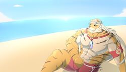  2020 7:4 abs absurd_res akumi_(artist) anthro beach biceps biped clothed clothing cloud day felid fur hair hat headgear headwear hi_res lifeguard long_hair male mammal muscular muscular_anthro muscular_male orange_body orange_fur pang_(sdorica) pantherine pecs sand sdorica sea seaside signature sky solo striped_body striped_fur stripes tan_body tan_fur tiger topless water 