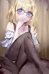  :q absurdres bare_shoulders black_pantyhose blonde_hair blue_eyes blush bob_cut brown_pantyhose crossed_legs earrings female glasses heart heart_earrings highres hololive hololive_english jewelry looking_at_viewer medium_hair mile_(off8mile) no_shoes off-shoulder_shirt off_shoulder official_alternate_hairstyle pantyhose round_eyewear shirt sitting smile soles solo toes tongue tongue_out virtual_youtuber watson_amelia watson_amelia_(street_casual) white_shirt 