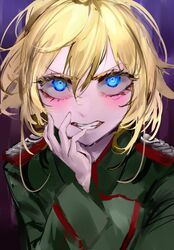  blonde_hair blue_eyes blush clenched_teeth commission female green_jacket hair_between_eyes hand_up jacket long_sleeves looking_at_viewer medium_hair mile_(off8mile) skeb_commission solo tanya_degurechaff teeth wide-eyed youjo_senki 