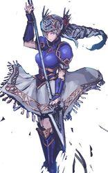  armor armored_dress blue_armor blue_eyes braid female grey_hair helmet highres lenneth_valkyrie long_hair madsensei polearm solo valkyrie valkyrie_profile_(series) weapon winged_helmet 