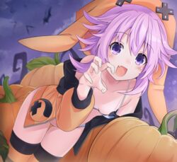  :d alternate_costume animal_hood bare_shoulders bat_(animal) bent_over blush bra breasts claw_pose clothes_pull commentary cowboy_shot d-pad evening female giga-tera halloween halloween_costume hand_up hood hood_up hooded_jacket jacket jacket_pull leaning_forward looking_at_viewer medium_hair neptune_(neptunia) neptune_(series) no_hair_ornament oerba_yun_fang off_shoulder open_clothes open_jacket outdoors pumpkin purple_eyes purple_hair revealing_clothes skin_fang small_breasts smile solo striped_bra striped_clothes thigh_gap thighs underwear vertical_stripes zipper 