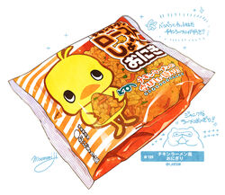  absurdres bird chick chicken food food_focus highres hiyoko-chan lawson momiji_mao nissin nissin_chicken_ramen no_humans onigiri original partially_translated real_life signature simple_background still_life tanuki translation_request white_background wrapping 