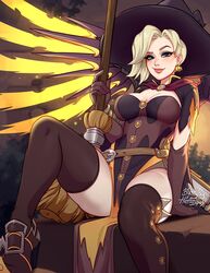  alternate_costume belt blonde_hair blushyspicy breasts broom brown_thighhighs commentary dress earrings elbow_gloves english_commentary female gloves hat highres holding jack-o&#039;-lantern jack-o&#039;-lantern_earrings jewelry looking_at_viewer mercy_(overwatch) official_alternate_costume overwatch red_lips short_hair smile solo thighhighs wings witch witch_hat witch_mercy 