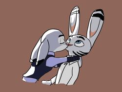  4:3 anthro canid canine closed_eyes clothed clothing digital_media_(artwork) disney ear_markings facial_markings famished_(artist) female fully_clothed fur group head_markings jack_savage judy_hopps kiss_on_lips kissing lagomorph leporid male male/female mammal markings rabbit shirt simple_background standing starvedfox_(artist) striped_body striped_fur stripes topwear zootopia 