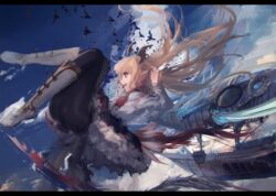  aircraft airship bat_(animal) black_pantyhose blonde_hair boots commentary_request female floating_hair frilled_skirt frills granblue_fantasy grancypher_(granblue_fantasy) head_wings letterboxed long_hair open_mouth pantyhose pointy_ears profile rean_(r_ean) red_eyes shingeki_no_bahamut skirt sky solo vampy wings 