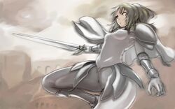  armor bad_id bad_pixiv_id blonde_hair cape claymore_(series) female highres miria_(claymore) ponytail solo sword tea_(nakenashi) weapon 