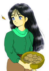  black_hair blue_eyes female food long_hair maria_(xabungle) no_pupils sentou_mecha_xabungle solo 