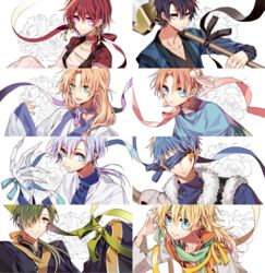  6+boys akatsuki_no_yona black_hair blonde_hair blue_eyes blue_hair brown_hair commentary earrings female floral_background flower green_eyes green_hair hair_over_one_eye hak_(akatsuki_no_yona) jae-ha_(akatsuki_no_yona) jewelry kija_(akatsuki_no_yona) long_hair multiple_boys peony_(flower) ponytail purple_eyes red_hair sapphire_(nine) shin-ah_(akatsuki_no_yona) short_hair silver_hair soo-won_(akatsuki_no_yona) tassel tassel_earrings yellow_eyes yona_(akatsuki_no_yona) yoon_(akatsuki_no_yona) zeno_(akatsuki_no_yona) 