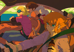  4boys bad_id bad_pixiv_id blonde_hair blue_eyes brown_hair car car_interior casual deba domon_asuka drink driving dylan_keith food goggles ichinose_kazuya inazuma_eleven inazuma_eleven_(series) leaning_out_of_window mark_kruger motor_vehicle multiple_boys photoshop_(medium) 