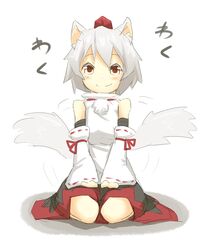  animal_ears bad_id bad_pixiv_id bare_shoulders blush breasts detached_sleeves female hat inubashiri_momiji ito_(itokayu) looking_at_viewer medium_breasts pom_pom_(clothes) red_eyes short_hair simple_background sitting smile solo tail tail_wagging tokin_hat touhou white_background white_hair wolf_ears wolf_tail 