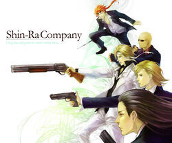  4boys bald black_hair blonde_hair commentary_request elena_(ff7) english_text female final_fantasy final_fantasy_vii fingerless_gloves formal gloves gun handgun multiple_boys photoshop_(medium) red_hair reno_(ff7) rude_(ff7) rufus_shinra shotgun suit sunglasses tetra_takamine tseng turks_(ff7) weapon 