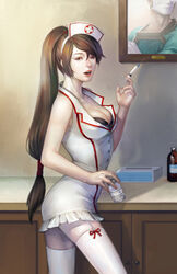  akali akali_(legacy) black_bra bra breasts brown_eyes brown_hair cleavage commentary_request female garter_straps hat highres league_of_legends lips long_hair medium_breasts noa_ikeda nurse nurse_akali nurse_cap photoshop_(medium) ponytail shen_(league_of_legends) smile solo syringe thighhighs underwear white_thighhighs 