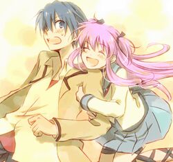  1boy angel_beats! arm_hug blazer blue_eyes blue_hair blush closed_eyes commentary_request couple female hinata_hideki jacket long_hair lowres pink_hair satsu school_uniform serafuku short_hair smile straight sweatdrop two_side_up yui_(angel_beats!) 