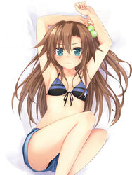  aqua_eyes armpits arms_up bikini bikini_top_only blush brown_hair commentary_request female flat_chest front-tie_top frown fuji_kakei hair_bobbles hair_ornament if_(neptunia) long_hair looking_at_viewer lying neptune_(series) on_back one_side_up panties pants pantyshot simple_background solo string_bikini striped_bikini striped_clothes swimsuit thighs underwear upshorts white_background 