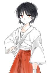  1boy black_hair commentary_request dougi frown geki genderswap_(ftm) hakama hakama_skirt hakurei_reimu japanese_clothes looking_at_viewer miko muzuki_uruu red_eyes rule_63 sarashi serious skirt touhou wrist_wrap 