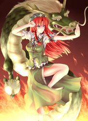  bad_link blue_eyes braid china_dress chinese_clothes dragon dress eastern_dragon female fighting_stance hat hong_meiling long_hair red_hair shimada_(simada_bu) solo touhou twin_braids 