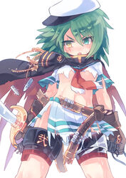  anchor aqua_eyes bad_id bad_pixiv_id breasts female gloves green_hair hat heterochromia iwashi_(sardineblue) kantai_collection kiso_(kancolle) kiso_kai_ni_(kancolle) long_hair open_mouth scar scar_across_eye scar_on_face school_uniform serafuku simple_background small_breasts solo sword torn_clothes underboob weapon white_background yellow_eyes 