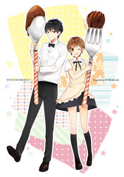  1boy aki_nattsu apron black_hair black_legwear brown_hair character_name chocolate commentary_request copyright_name female fork higashida_daisuke highres kneehighs miyakoshi_hana oversized_object short_hair socks spoon wagnaria_uniform waiter waitress working!! working!!_(web_manga) 