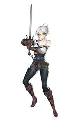  arm_belt bare_shoulders belt black_pants boots brown_footwear ciri commentary_request corset eyeshadow female fj_wu_cheng&#039;en full_body green_eyes hair_bun highres holding holding_sword holding_weapon looking_at_viewer makeup pants photoshop_(medium) pouch scar scar_across_eye scar_on_face shirt short_hair simple_background single_hair_bun solo stance sword the_witcher_(series) the_witcher_3 weapon white_background white_hair white_shirt 