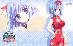  blue_eyes blue_hair breasts chinese_clothes cleavage cleavage_cutout clothing_cutout female hair_ribbon highres large_breasts miyoshi_ran nimura_yuuji osananajimi_wa_daitouryou ribbon star_(symbol) 