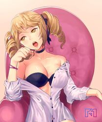  aisha_(king&#039;s_raid) armchair black_bra black_panties black_ribbon blonde_hair bra breasts buttons chair choker cleavage collarbone commentary_request dress_shirt drill_hair eyebrows female hair_ribbon head_on_hand head_rest king&#039;s_raid large_breasts looking_away nail_polish open_clothes open_mouth open_shirt panties pink_lips pink_nails ribbon shirt short_hair sitting solo strapless strapless_bra twin_drills twintails unbuttoned underwear upper_body yellow_eyes zuriel 