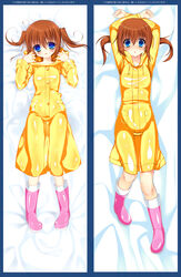  arms_up bad_id bad_pixiv_id blue_eyes blush boots brown_hair dakimakura_(medium) female inose_riku looking_at_viewer lying multiple_views on_back original pink_footwear raincoat rubber_boots short_hair twintails yellow_raincoat 