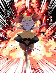  :3 ambiguous_gender anthro black_body black_fur blush braixen canid canine closed_eyes cool_guys_don&#039;t_look_at_explosions explosion fur generation_6_pokemon humor kemono mammal nintendo orange_body orange_fur pokemon pokemon_(species) pose solo stick white_body white_fur yellow_body yellow_fur youki029 