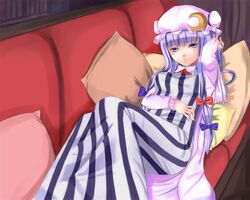  bad_id bad_pixiv_id couch crescent crescent_hat_ornament female haikeiyu hat hat_ornament long_hair patchouli_knowledge purple_eyes purple_hair solo touhou 