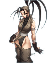  ahoge bandana black_hair cameltoe fingerless_gloves gloves high_ponytail hip_vent ibuki_(street_fighter) karosu-maker kunai leotard parted_lips ponytail solo street_fighter street_fighter_iii torn_sleeves weapon wrist_wraps 