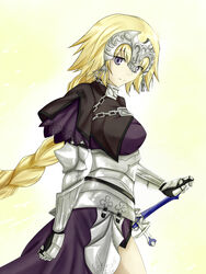  akashiro_sen armor armored_dress blonde_hair braid capelet commentary_request fate/apocrypha fate_(series) faulds female gauntlets headpiece jeanne_d&#039;arc_(fate) jeanne_d&#039;arc_(ruler)_(fate) long_hair looking_at_viewer purple_eyes single_braid smile solo sword weapon 