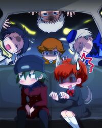  5boys ^^^ against_window amada_ken animal_ears aragaki_shinjirou beanie black_hair black_headwear black_skirt blue_headwear blue_jacket blush bow bowtie brown_hair buttons car car_interior chiizu_ochaduke claw_pose closed_mouth coat commentary_request crying double-breasted duplicate fangs female gekkoukan_high_school_uniform green_eyes green_hair grey_hair hair_ornament hat image_sample jacket jealous kneehighs long_sleeves mochizuki_ryouji motor_vehicle multiple_boys nose_blush open_mouth persona persona_3 persona_3_portable pixel-perfect_duplicate pixiv_sample pleated_skirt red_bow red_bowtie red_coat red_hair sanada_akihiko scarf school_uniform shaded_face shiomi_kotone sitting skirt socks streaming_tears suspenders sweatdrop tail tears theodore_(persona) trench_coat white_legwear wolf_ears wolf_tail x_hair_ornament yellow_scarf 