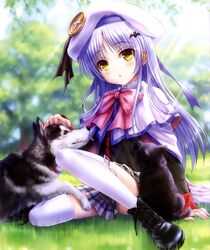  :o absurdres angel_beats! bat_hair_ornament belka beret blurry blush boots bow canine cape company_connection cosplay cross-laced_footwear depth_of_field female goto_p grass grey_hair hair_ornament hat headpat highres key_(company) little_busters! little_busters!_school_uniform long_hair noumi_kudryavka noumi_kudryavka_(cosplay) on_ground plaid plaid_skirt pleated_skirt scan school_uniform sitting skirt strelka sunlight tachibana_kanade thighhighs tongue tongue_out tree white_legwear yellow_eyes 