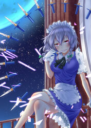  apron arm_support bare_legs blue_eyes braid commentary_request crossed_legs da-mii dress female floating floating_object gloves grey_hair hair_between_eyes hair_ribbon izayoi_sakuya knife maid_headdress moonlight night outdoors photoshop_(medium) ribbon short_hair sitting sky solo star_(sky) starry_sky tight_clothes tight_dress touhou tower tress_ribbon twin_braids waist_apron white_gloves 