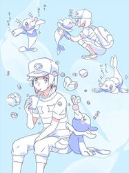  1boy backpack bag baseball_cap bubble buntatta capri_pants commentary_request cup disposable_cup drinking elio_(pokemon) hat heart invisible_chair male_focus pants pokemon pokemon_(creature) pokemon_sm popplio shirt sitting squatting striped_clothes striped_shirt t-shirt 