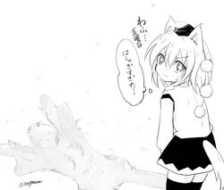  +_+ :3 animal_ears commentary_request female greyscale hat inubashiri_momiji leaning_forward looking_at_viewer monochrome pom_pom_(clothes) shirt skirt snow snow_angel snow_on_head sparkling_eyes tail taurine_8000mg thighhighs tokin_hat touhou translated turning_head twitter_username v-shaped_eyebrows wolf_ears wolf_tail zettai_ryouiki 