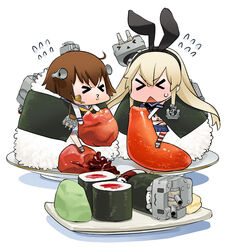  &gt;_&lt; 2girls :3 anchor_hair_ornament binoculars blonde_hair blush brown_hair chibi closed_eyes commentary_request dress eating flying_sweatdrops food fruit full-face_blush hair_ornament hirai_yukio kantai_collection karashi_mentaiko long_hair makizushi multiple_girls o3o onigiri plate rensouhou-chan robot roe sailor_collar sailor_dress shimakaze_(kancolle) short_hair simple_background spicy spitting striped_clothes striped_thighhighs sushi sweat sweatdrop thighhighs triangle_mouth turret umeboshi wasabi white_background wince yukikaze_(kancolle) 