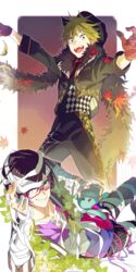  2boys akiyama_hayato animal_ears asymmetrical_clothes bandaged_head bandages black_hair commentary_request fangs feather_boa glasses gloves green_eyes green_hair grin highres idolmaster idolmaster_side-m iseya_shiki looking_at_viewer lying male_focus map_(map_imas) messy_hair multiple_boys on_side outstretched_arms pink-framed_eyewear smile stuffed_animal stuffed_toy teddy_bear 