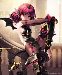  &gt;:) barefoot black_gloves black_legwear breasts demon_girl demon_tail demon_wings elbow_gloves feet female fingerless_gloves gloves hands_on_own_knee horns leg_lift len_(a-7) leotard pantyhose photoshop_(medium) pointy_ears railing red_hair shingeki_no_bahamut sideboob single_horn sitting small_breasts smile smirk solo tail thighhighs toeless_legwear toes tricky_imp v-shaped_eyebrows watermark wings yellow_eyes 