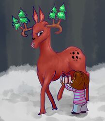  ambiguous_gender brown_hair closed_eyes clothed clothing deer duo feral frisk_(undertale) fully_clothed gift gyftrot hair human kyoobot mammal mandibles misleading_thumbnail outside plant size_difference tree undertale undertale_(series) what 