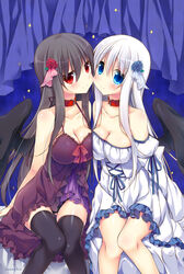  2girls black_hair black_wings blue_eyes blush breasts cleavage collar commentary_request feathered_wings flower hair_flower hair_ornament inose_riku large_breasts long_hair looking_at_viewer multiple_girls original red_eyes smile thighhighs white_hair wings 