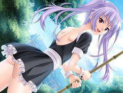  ass ayatsuri_niku_ningyou bare_back female female frill game_cg happy kenko_kenko long_hair looking_at_viewer maid narutaki_shin open_mouth pink_eyes potage purple_hair short_sleeves smile solo sunbeam twintails 