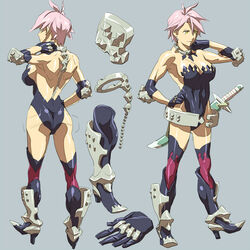  armor armored_boots ass baariya bare_back bare_shoulders boots breasts cleavage collar commentary_request female grey_background large_breasts leotard muscular muscular_female original pink_hair simple_background standing strapless sword thigh_boots thighhighs warrior weapon 