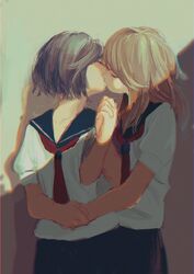  2girls black_hair blonde_hair bow closed_eyes commentary_request couple girl_friends_(manga) hantsuki_(ichigonichiya) highres holding_hands interlocked_fingers kissing kumakura_mariko long_hair multiple_girls necktie oohashi_akiko red_bow red_necktie sailor_collar school_uniform serafuku shade shadow shirt short_hair short_sleeves skirt white_shirt yuri 