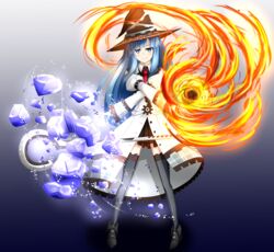  blue_eyes blue_hair blush commentary_request female fire hair_ornament hat highres ice long_hair looking_at_viewer luminous_neko mages. magic mole mole_under_eye neptune_(series) open_mouth smile solo staff witch_hat 