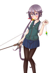  akebono_(kancolle) akebono_(saury_festival)_(kancolle) bait bell blush chestnut_mouth collarbone commentary_request feet_out_of_frame female fishing_hook fishing_line fishing_rod flower green_vest hair_bell hair_flower hair_ornament jingle_bell kantai_collection knees_together_feet_apart long_hair looking_at_viewer official_alternate_costume pantyhose school_uniform serafuku side_ponytail simple_background solo thigh_gap vest white_background yuki_to_hana 