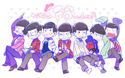  6+boys :3 black_hair brothers buck_teeth cardigan commentary_request dasshu_(dashi_now) f6_(osomatsu-san) grin iyami male_focus matsuno_choromatsu matsuno_ichimatsu matsuno_jyushimatsu matsuno_karamatsu matsuno_osomatsu matsuno_todomatsu multiple_boys necktie one_eye_closed osomatsu-kun osomatsu-san osomatsu_(series) school_uniform sextuplets siblings sleeves_past_wrists smile teeth translated 